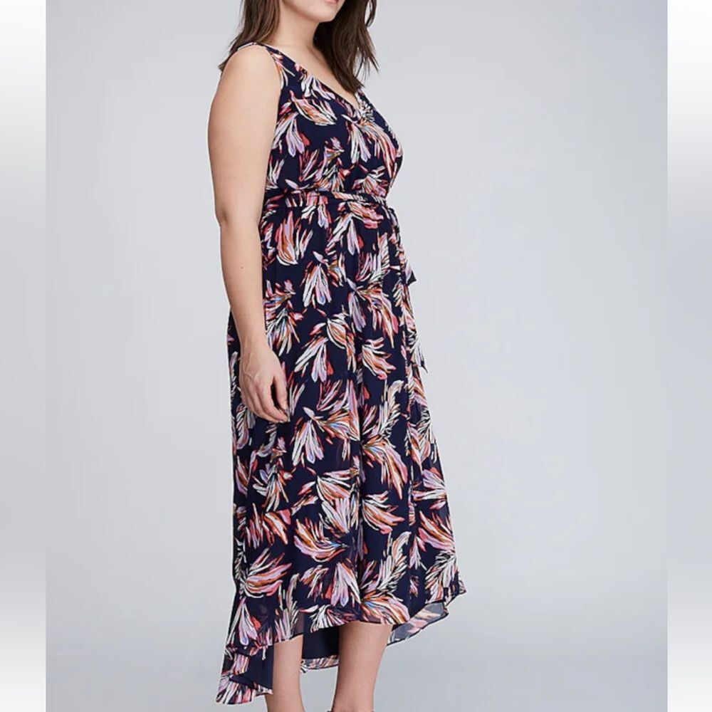 Lane Bryant Womens Printed Ruffle Hem Midi Dress Size 14 Tie Waist V-Neck